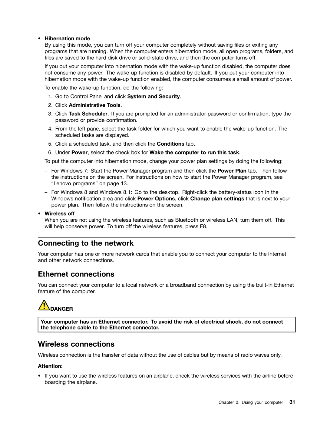 Lenovo S540 manual Connecting to the network, Ethernet connections, Wireless connections 