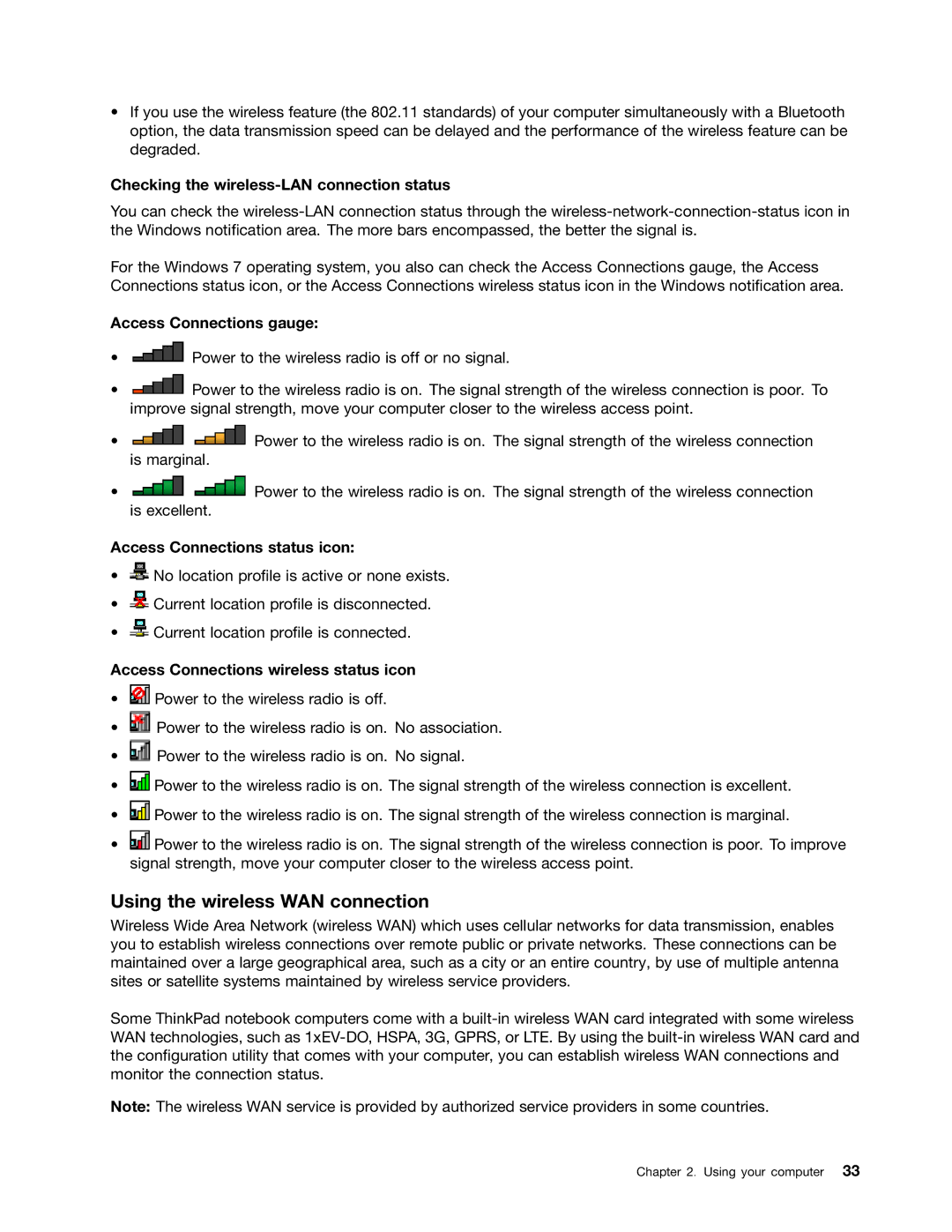 Lenovo S540 manual Using the wireless WAN connection, Checking the wireless-LAN connection status, Access Connections gauge 