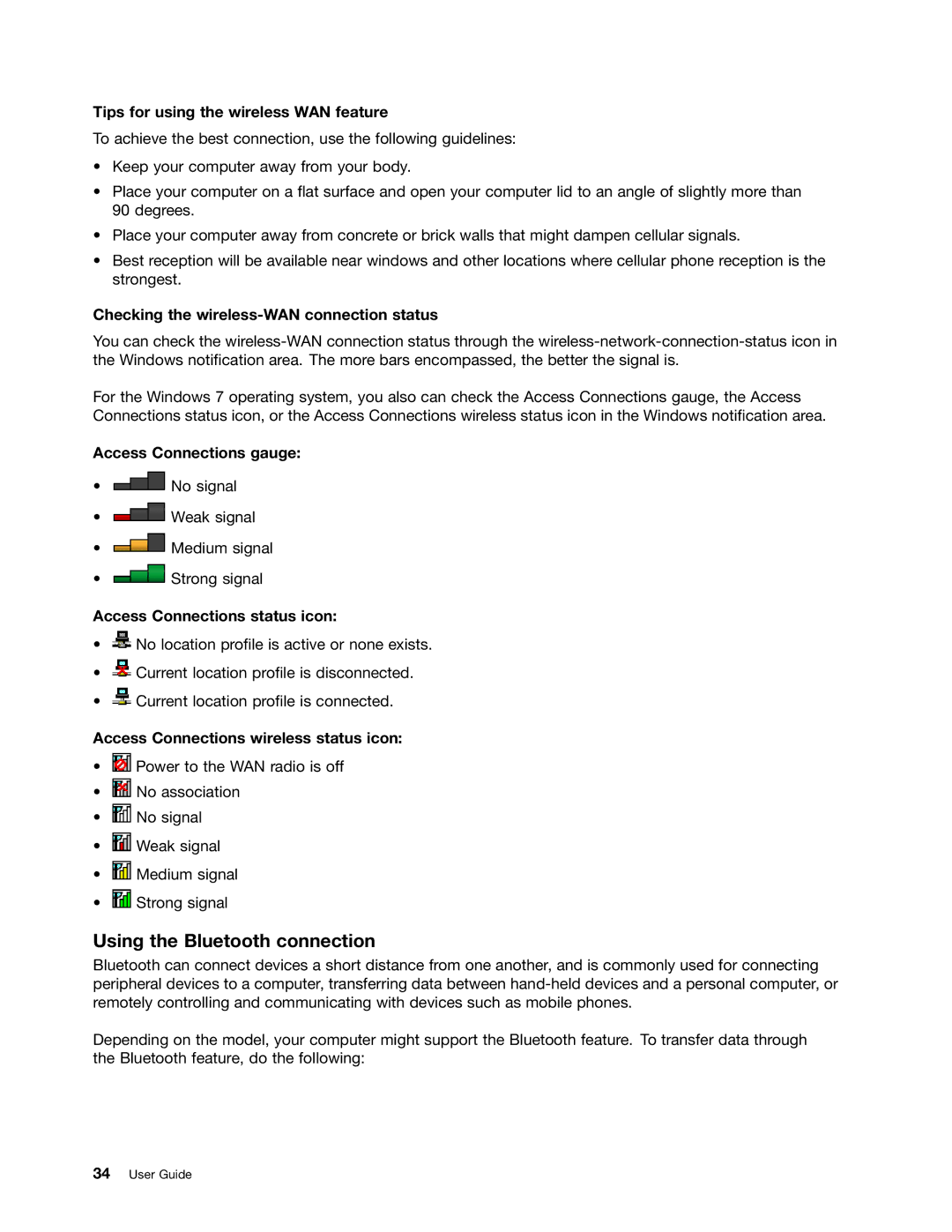 Lenovo S540 manual Using the Bluetooth connection, Tips for using the wireless WAN feature 