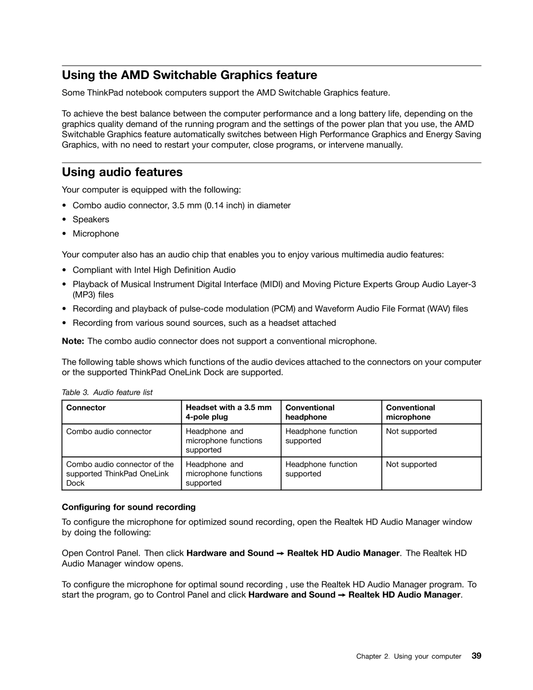 Lenovo S540 manual Using the AMD Switchable Graphics feature, Using audio features, Configuring for sound recording 