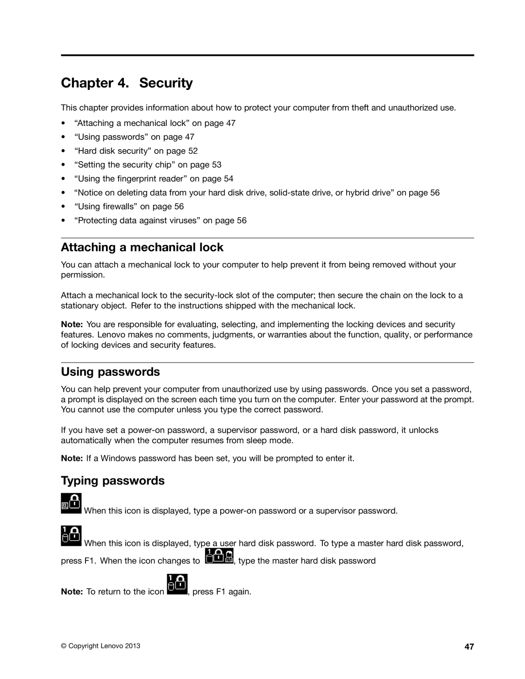 Lenovo S540 manual Security, Attaching a mechanical lock, Using passwords, Typing passwords 