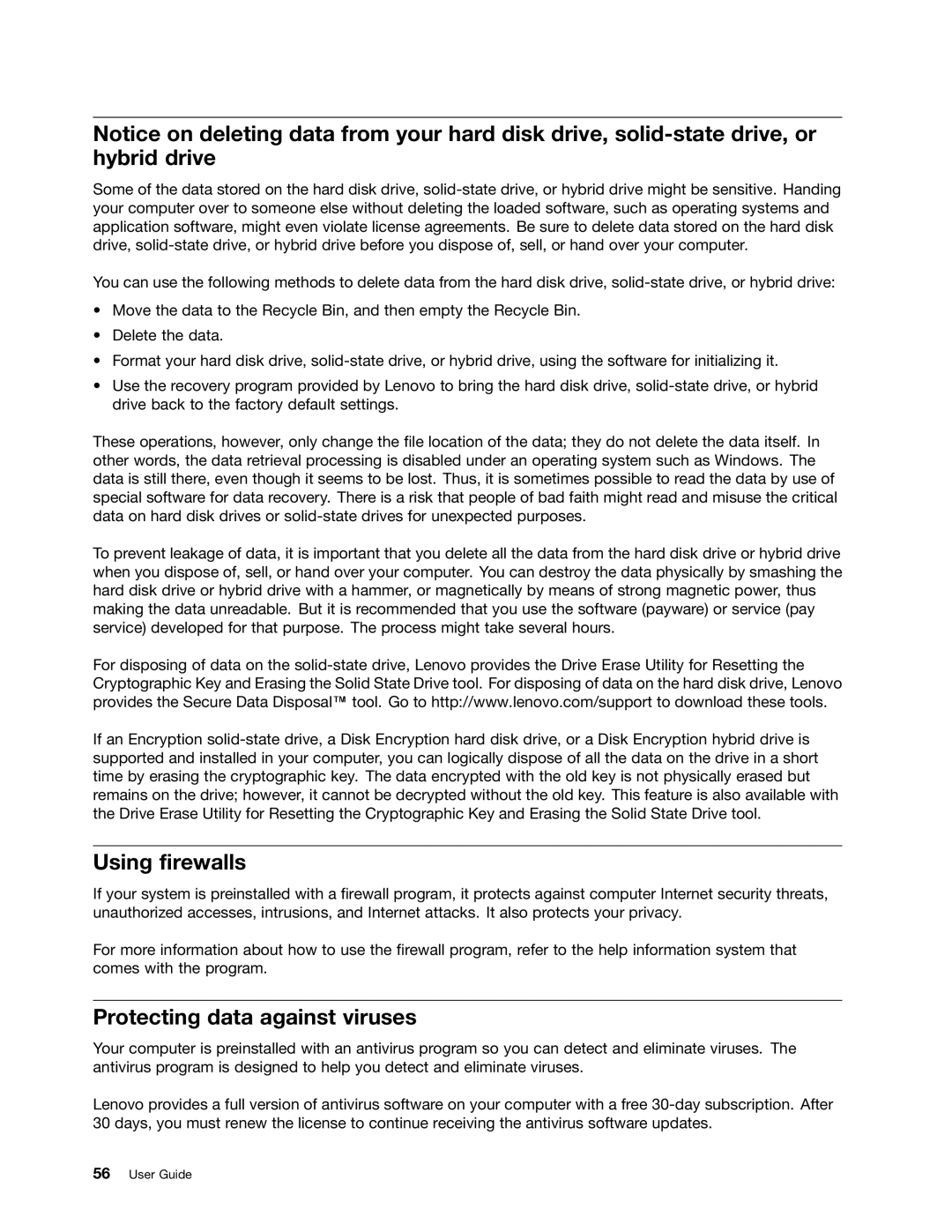 Lenovo S540 manual Using firewalls, Protecting data against viruses 