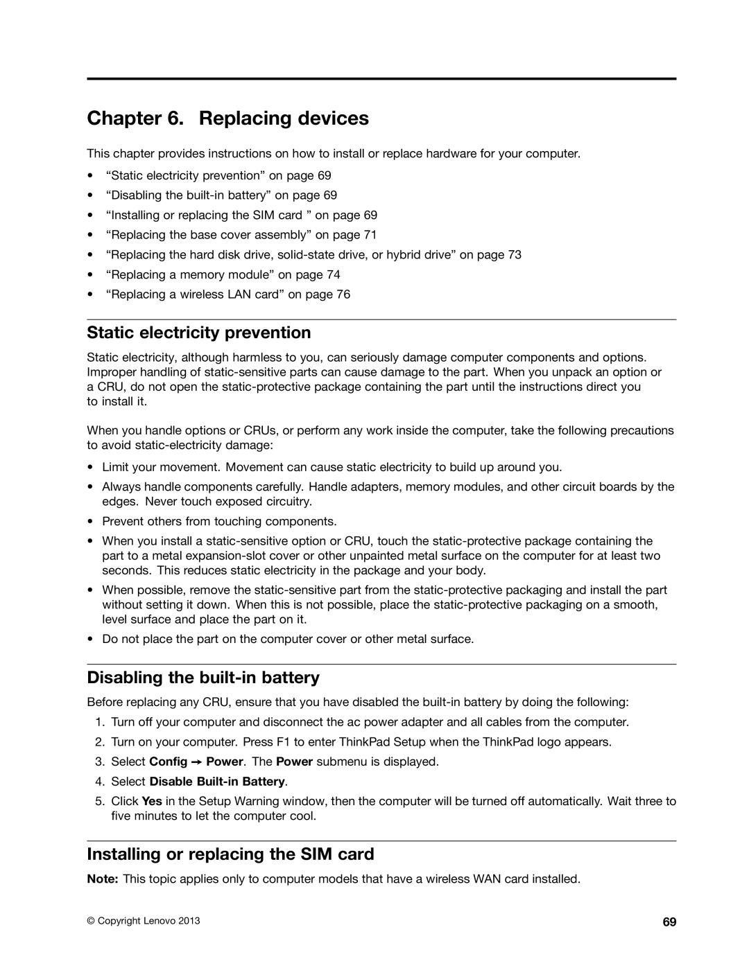 Lenovo S540 manual Replacing devices, Static electricity prevention, Disabling the built-in battery 