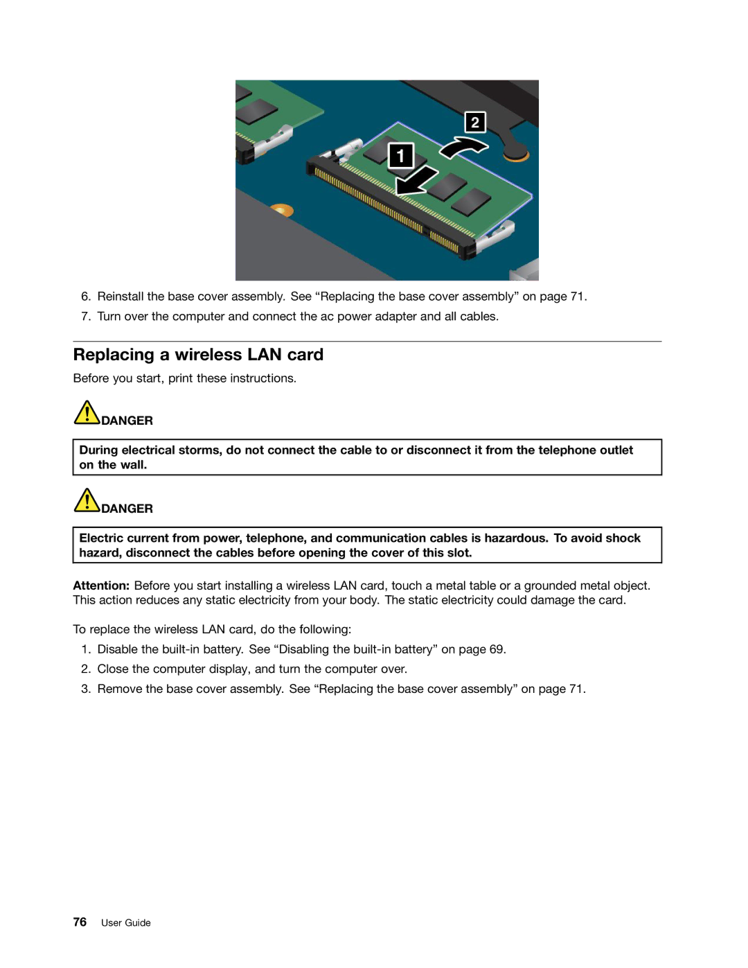 Lenovo S540 manual Replacing a wireless LAN card 