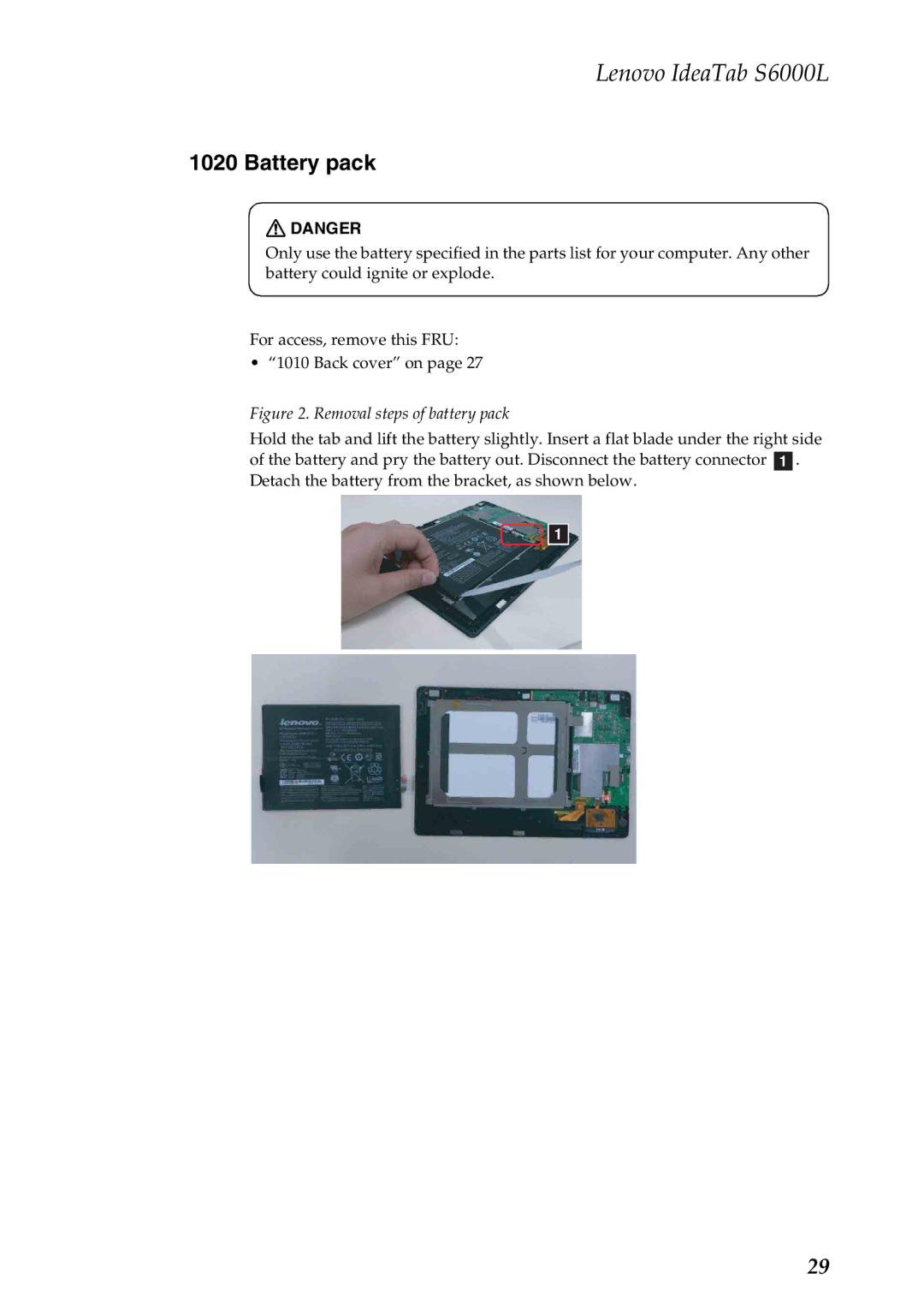 Lenovo S6000L manual Battery pack, Removal steps of battery pack 