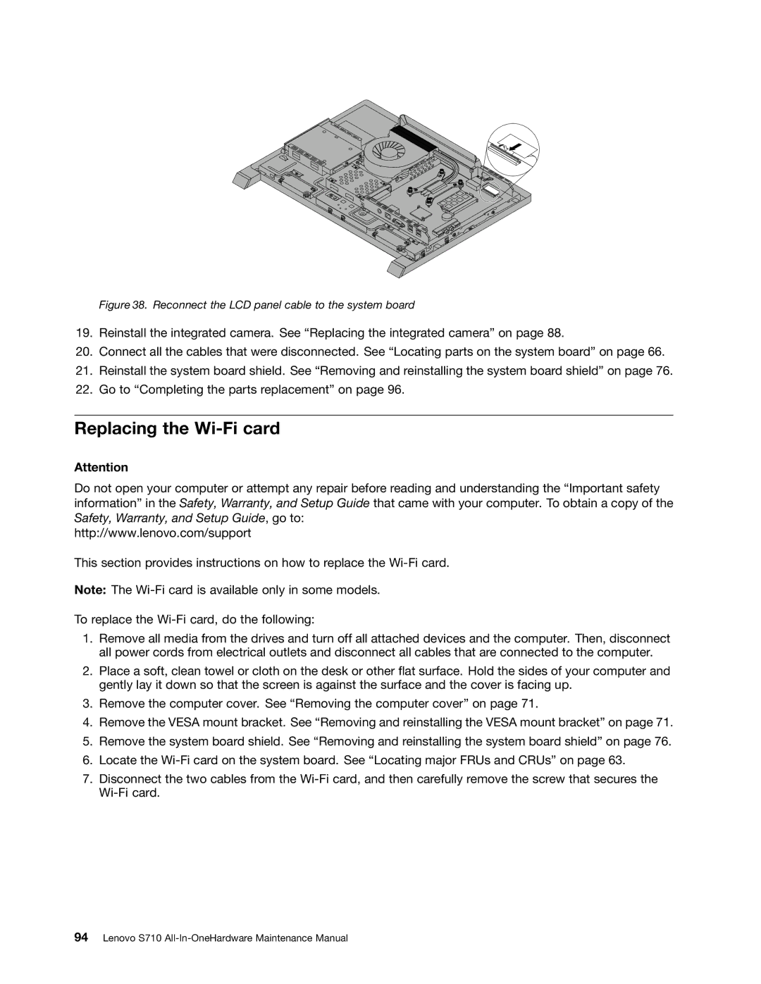 Lenovo S710 manual Replacing the Wi-Fi card, Reconnect the LCD panel cable to the system board 