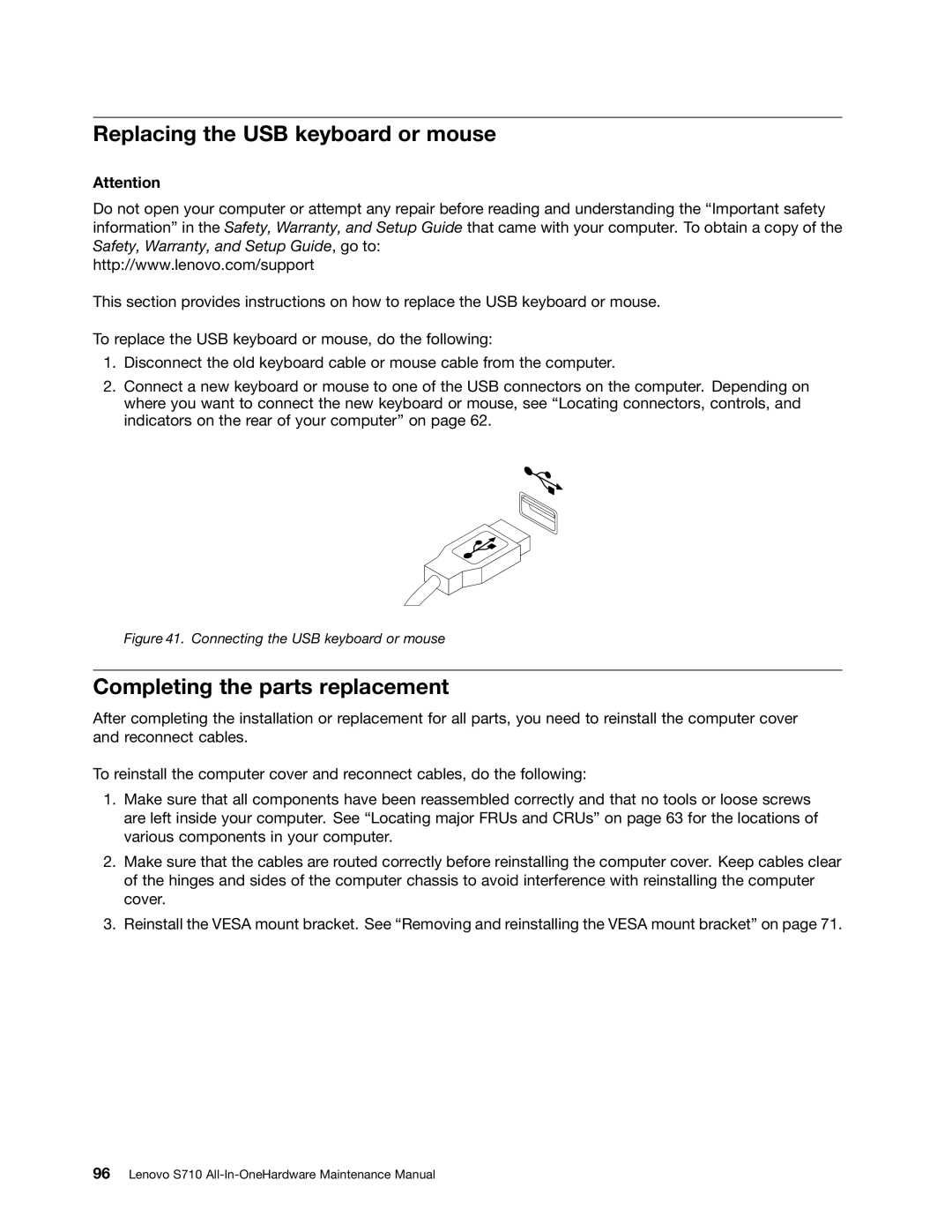 Lenovo S710 manual Replacing the USB keyboard or mouse, Completing the parts replacement 