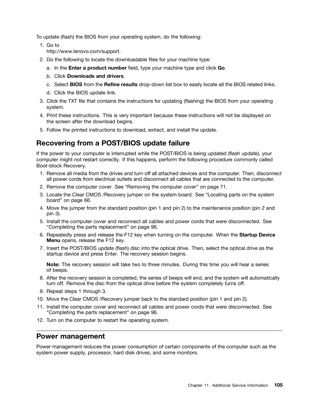 Lenovo S710 manual Recovering from a POST/BIOS update failure, Power management, Click Downloads and drivers 