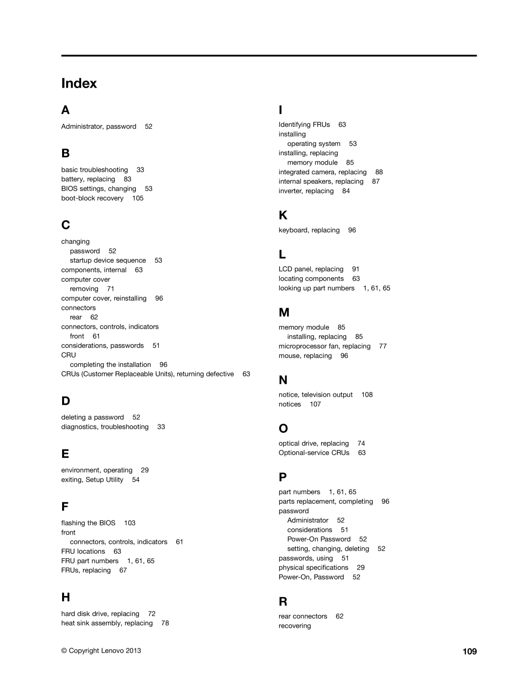 Lenovo S710 manual Index, 109 