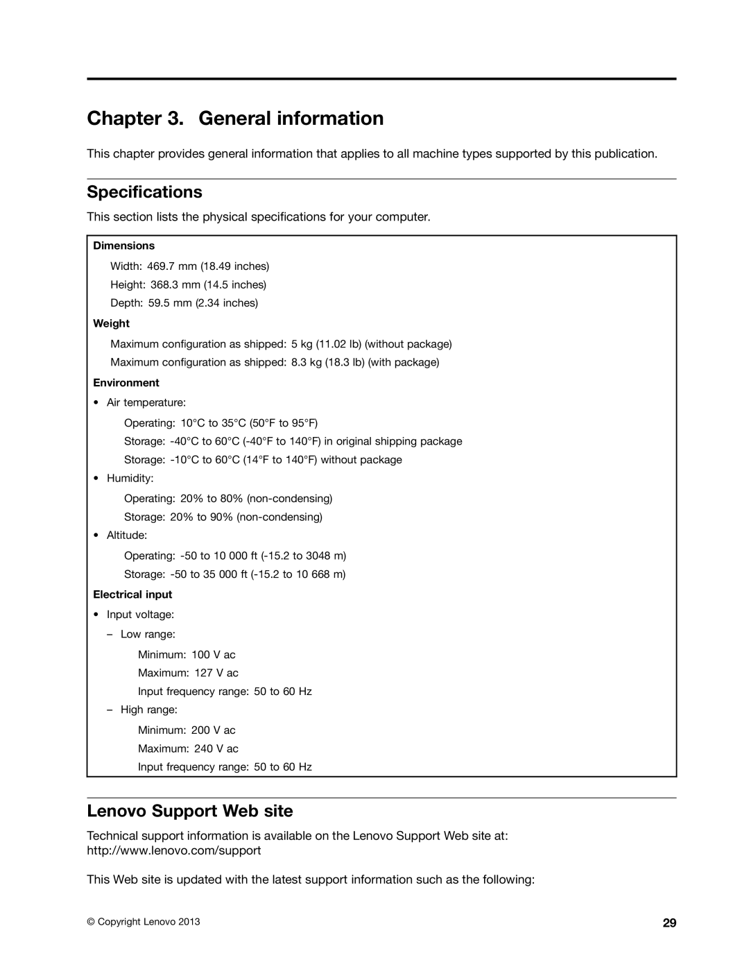 Lenovo S710 manual General information, Specifications, Lenovo Support Web site 