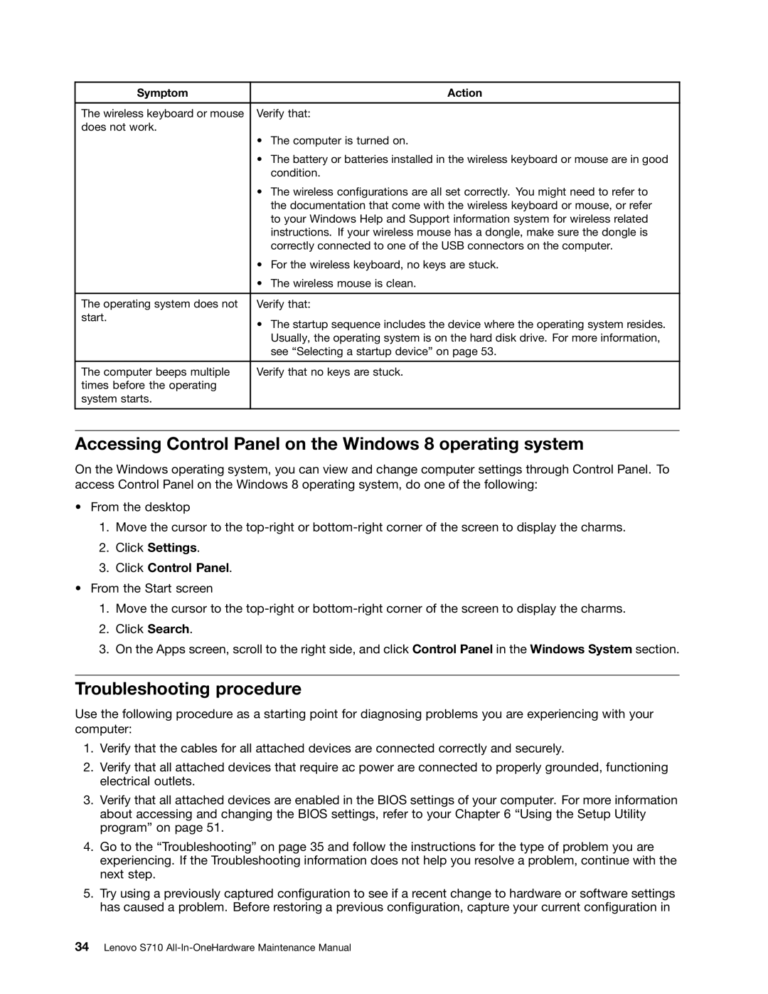 Lenovo S710 manual Accessing Control Panel on the Windows 8 operating system, Troubleshooting procedure 