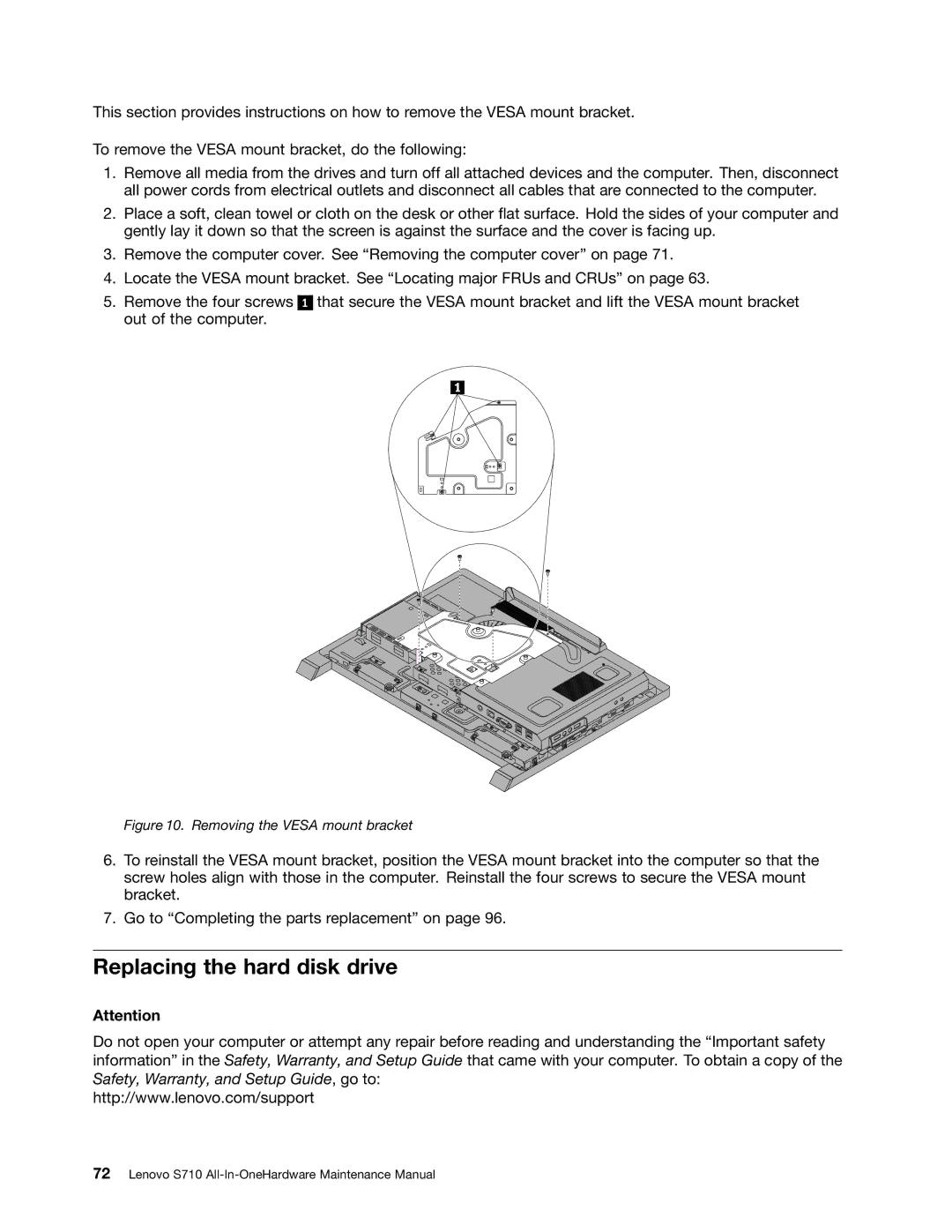 Lenovo S710 manual Replacing the hard disk drive, Removing the Vesa mount bracket 