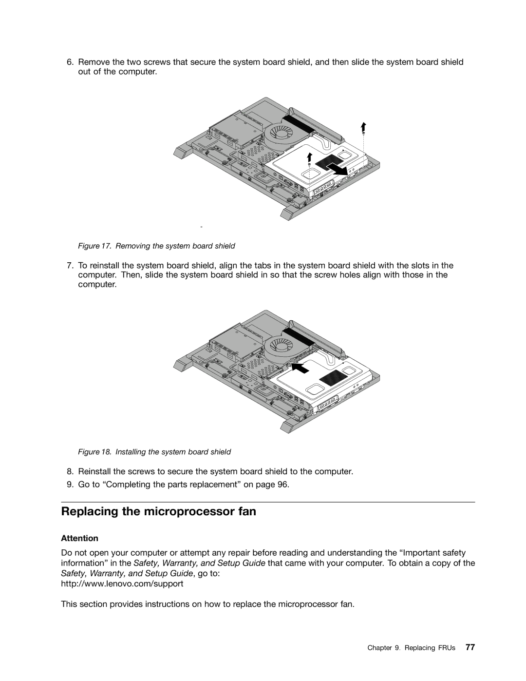 Lenovo S710 manual Replacing the microprocessor fan, Removing the system board shield 