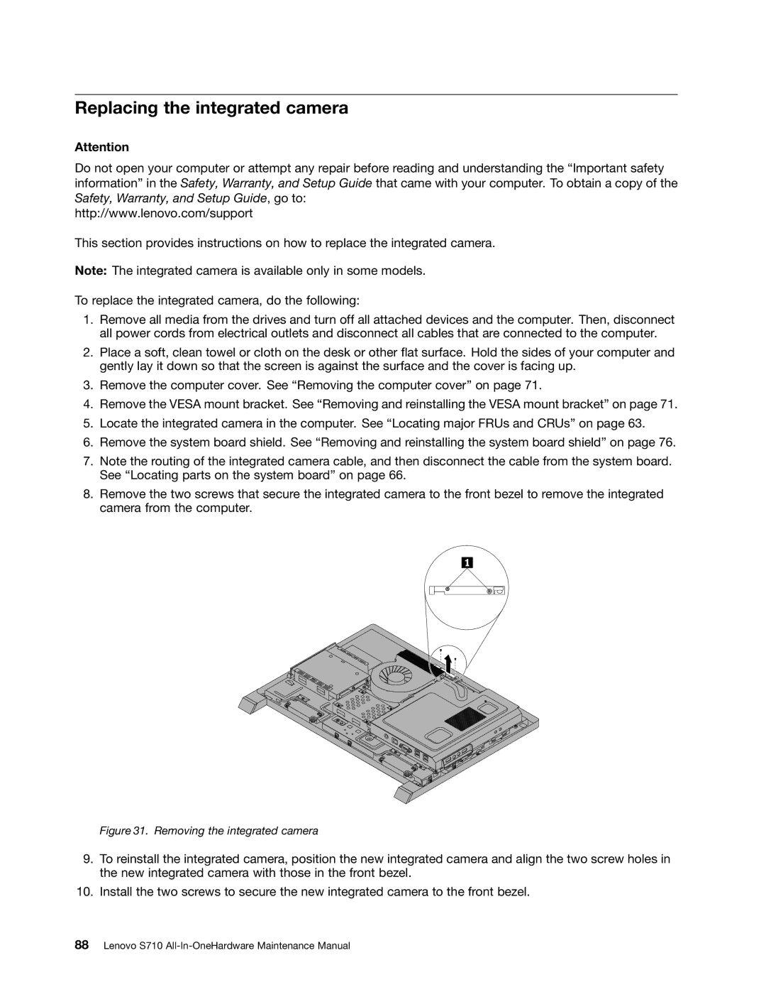 Lenovo S710 manual Replacing the integrated camera, Removing the integrated camera 