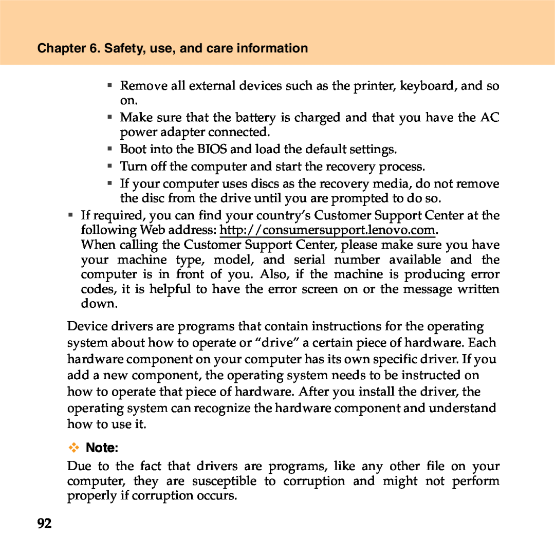 Lenovo S9 manual Safety, use, and care information, ƒ Remove all external devices such as the printer, keyboard, and so on 