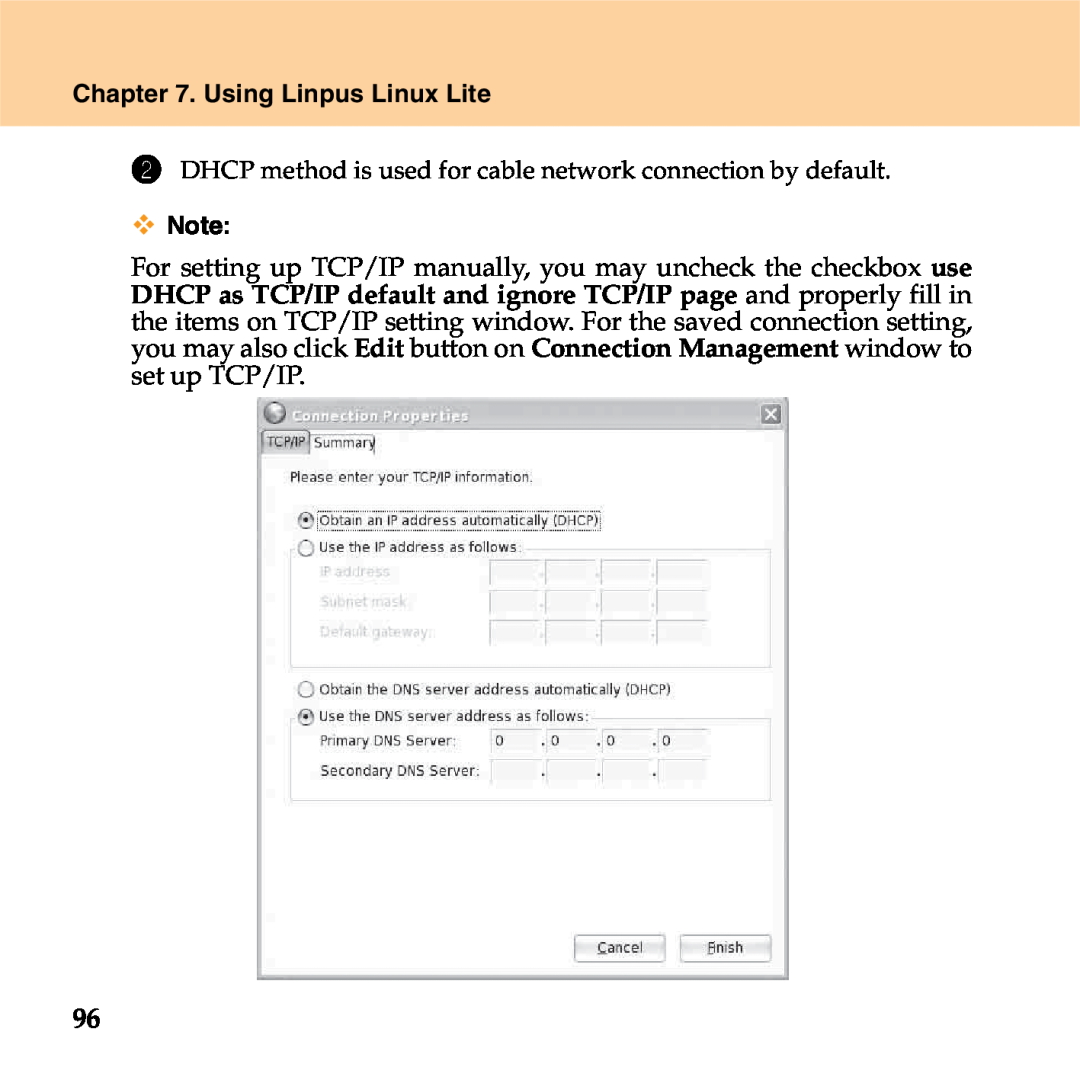 Lenovo S9 manual Using Linpus Linux Lite, DHCP method is used for cable network connection by default 