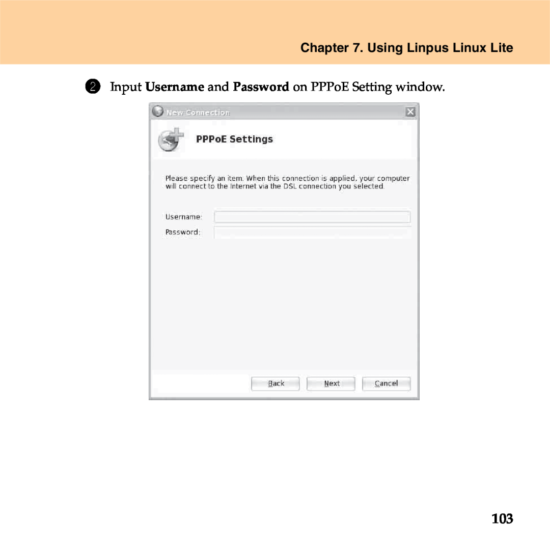 Lenovo S9 manual Using Linpus Linux Lite, Input Username and Password on PPPoE Setting window 