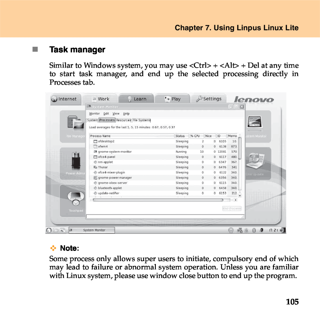 Lenovo S9 manual „ Task manager, Using Linpus Linux Lite 