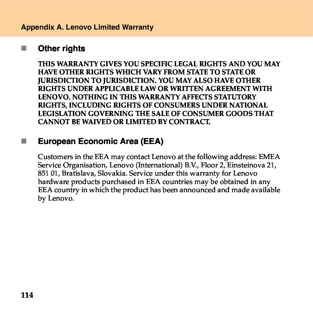 Lenovo S9 manual „ Other rights, „ European Economic Area EEA, Appendix A. Lenovo Limited Warranty 