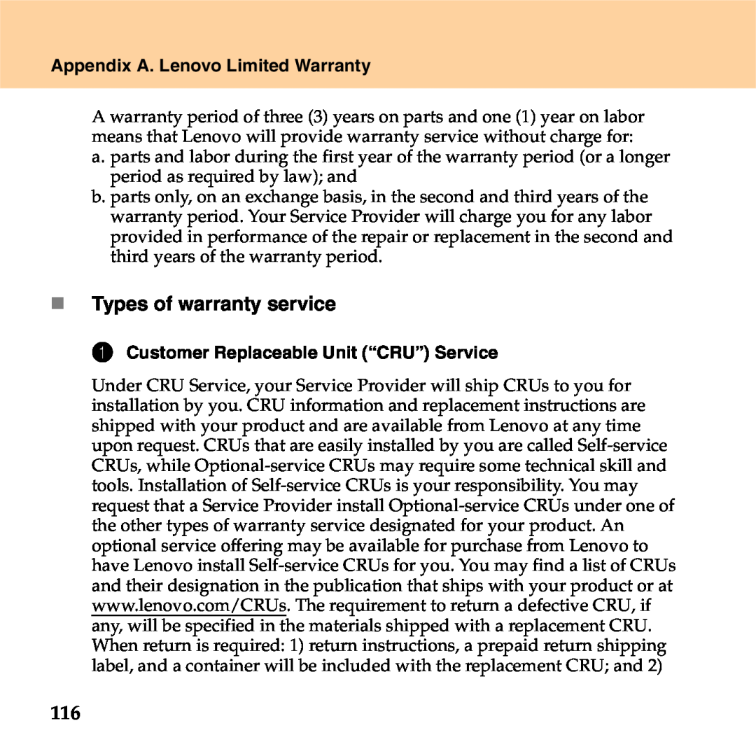 Lenovo S9 manual „ Types of warranty service, Appendix A. Lenovo Limited Warranty, Customer Replaceable Unit “CRU” Service 