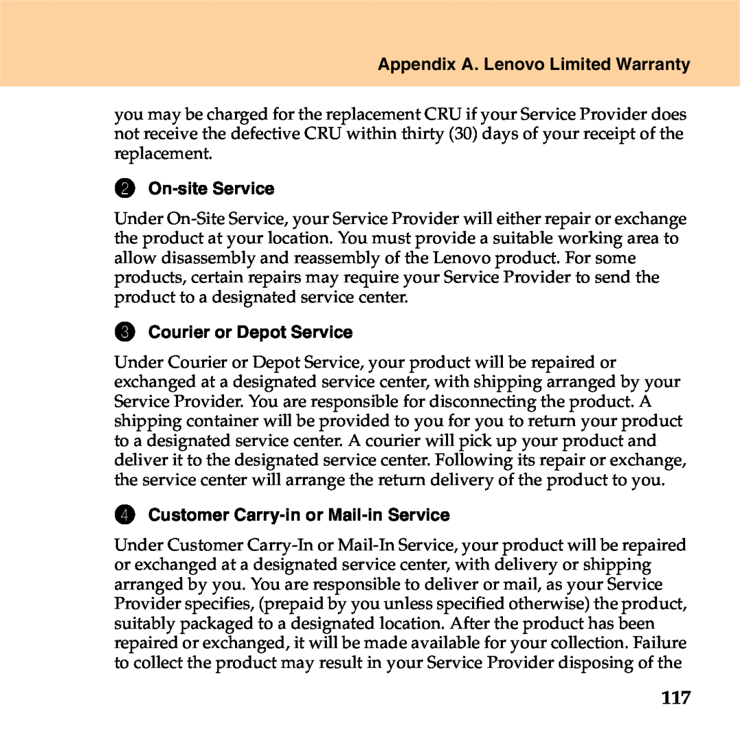 Lenovo S9 manual Appendix A. Lenovo Limited Warranty, On-site Service, Courier or Depot Service 
