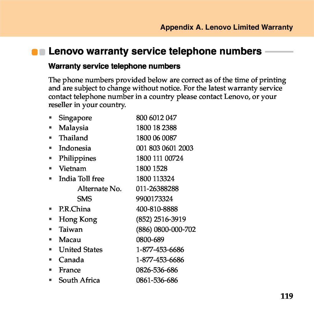 Lenovo S9 manual Lenovo warranty service telephone numbers, Appendix A. Lenovo Limited Warranty 