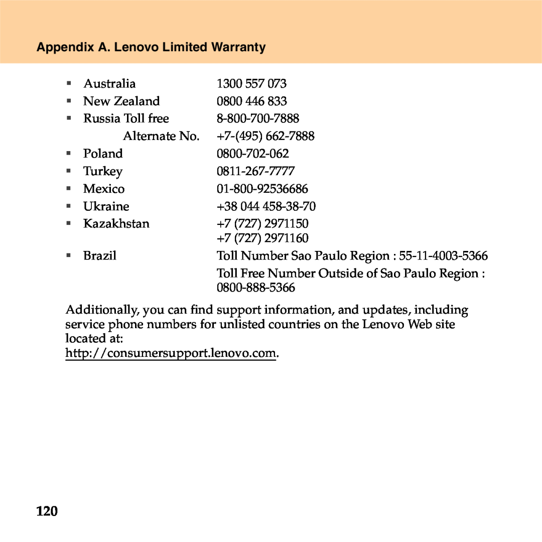 Lenovo S9 manual Appendix A. Lenovo Limited Warranty, Toll Number Sao Paulo Region 