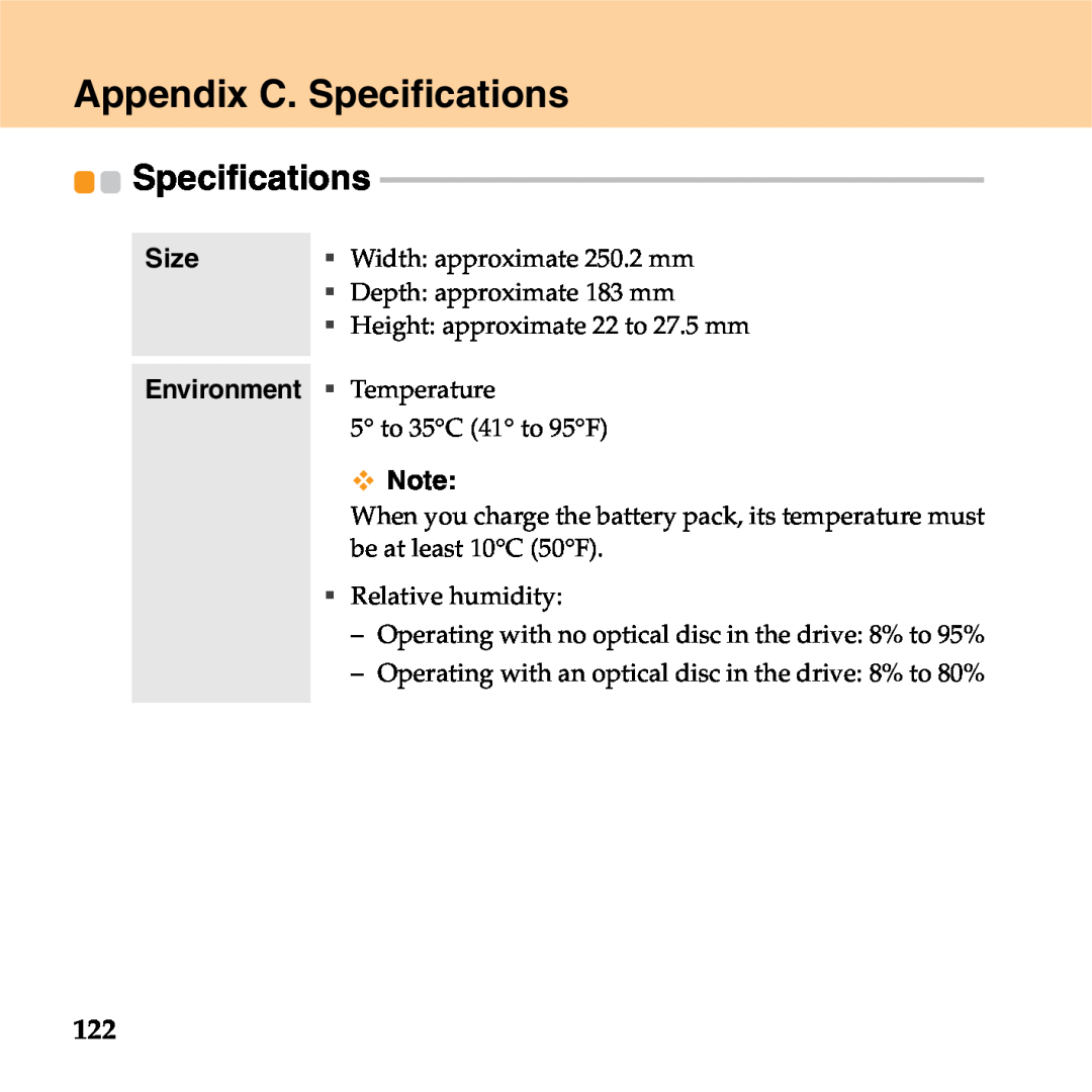 Lenovo S9 manual Appendix C. Specifications, Size, Environment 