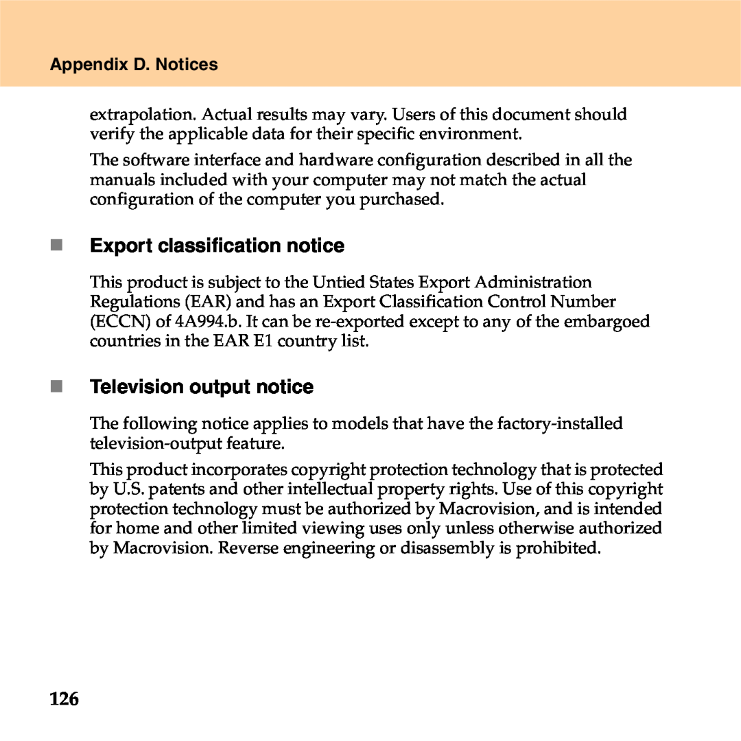 Lenovo S9 manual „ Export classification notice, „ Television output notice, Appendix D. Notices 
