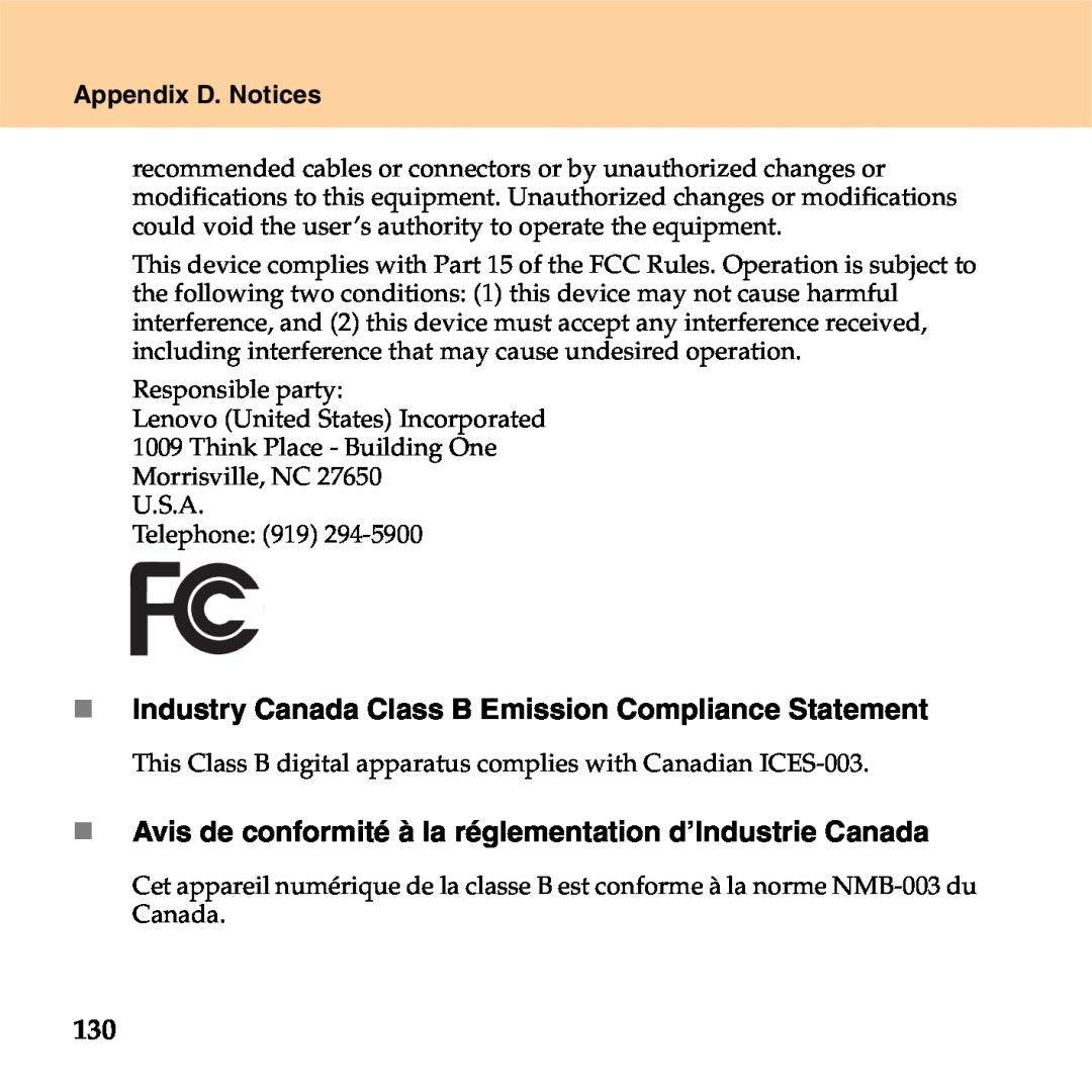 Lenovo S9 manual „ Industry Canada Class B Emission Compliance Statement, Appendix D. Notices 