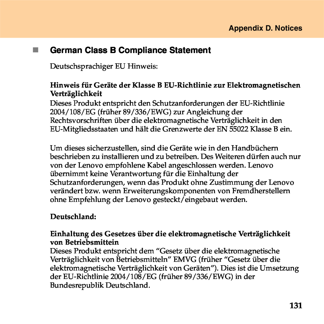 Lenovo S9 manual „ German Class B Compliance Statement, Appendix D. Notices 