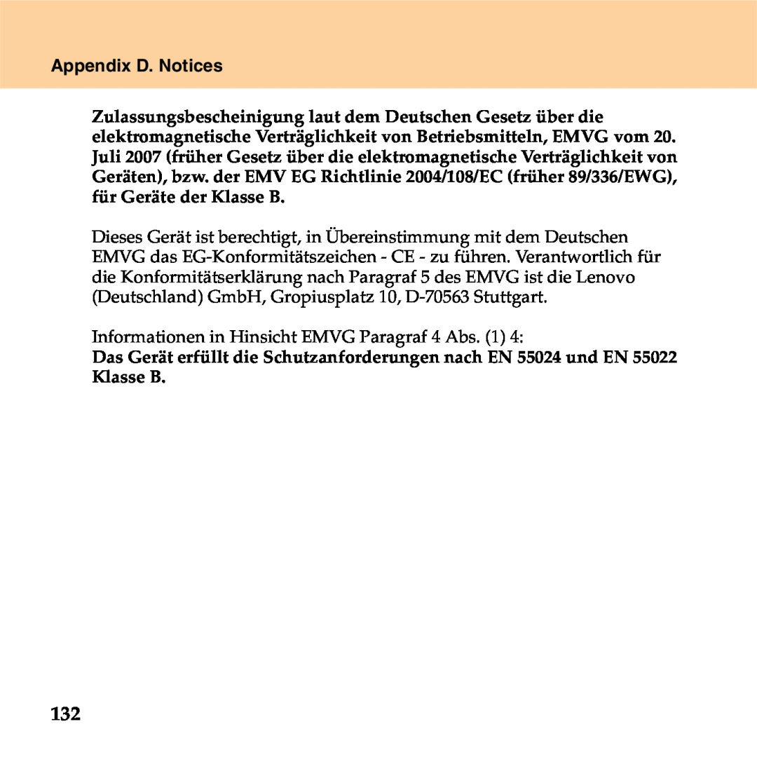 Lenovo S9 manual Appendix D. Notices, Informationen in Hinsicht EMVG Paragraf 4 Abs. 1 