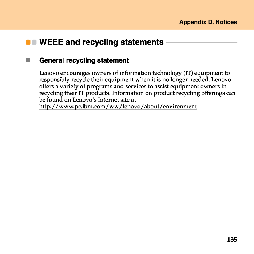 Lenovo S9 manual WEEE and recycling statements, „ General recycling statement, Appendix D. Notices 
