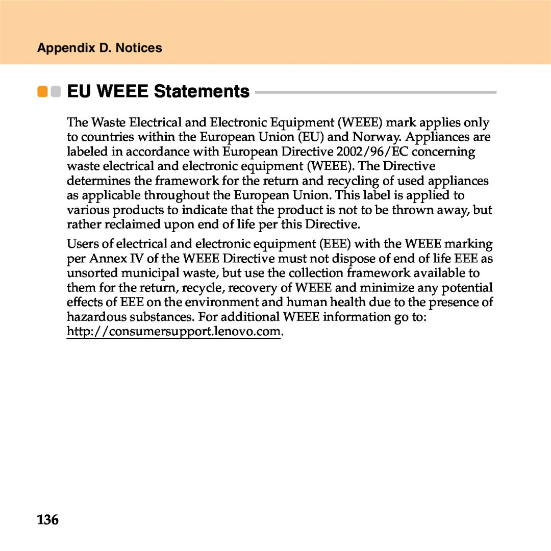 Lenovo S9 manual EU WEEE Statements, Appendix D. Notices 