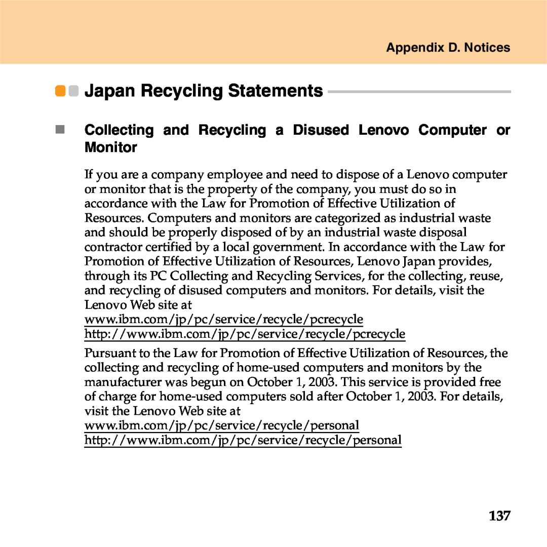 Lenovo S9 Japan Recycling Statements, „ Collecting and Recycling a Disused Lenovo Computer or Monitor, Appendix D. Notices 