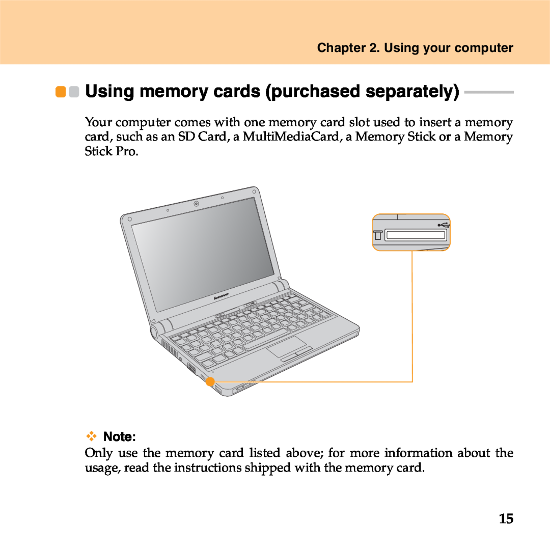 Lenovo S9 manual Using memory cards purchased separately, Using your computer 