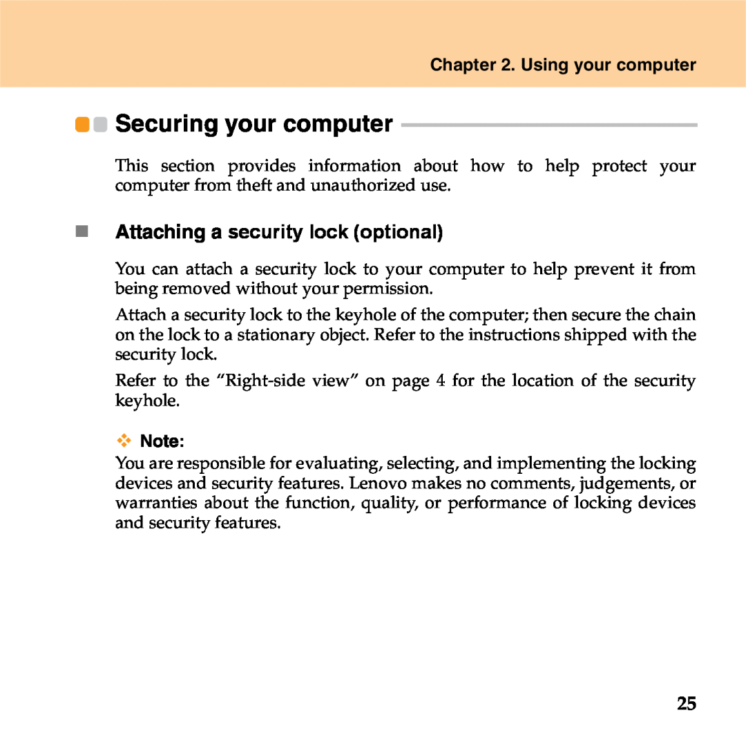 Lenovo S9 manual Securing your computer, „ Attaching a security lock optional, Using your computer 