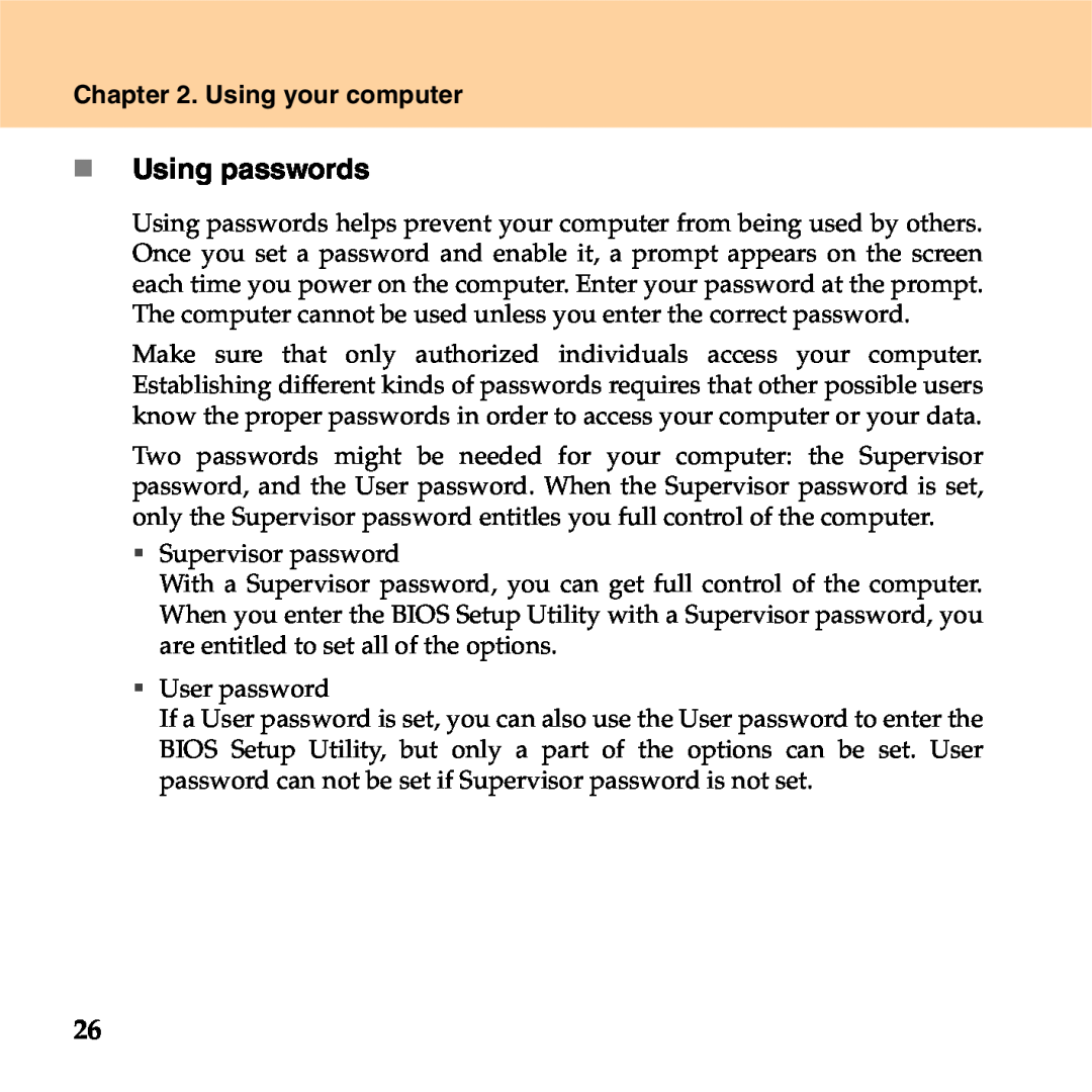 Lenovo S9 manual „ Using passwords, Using your computer 