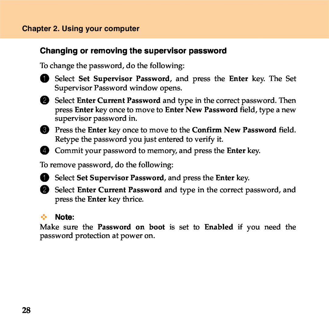 Lenovo S9 manual Using your computer, Changing or removing the supervisor password 