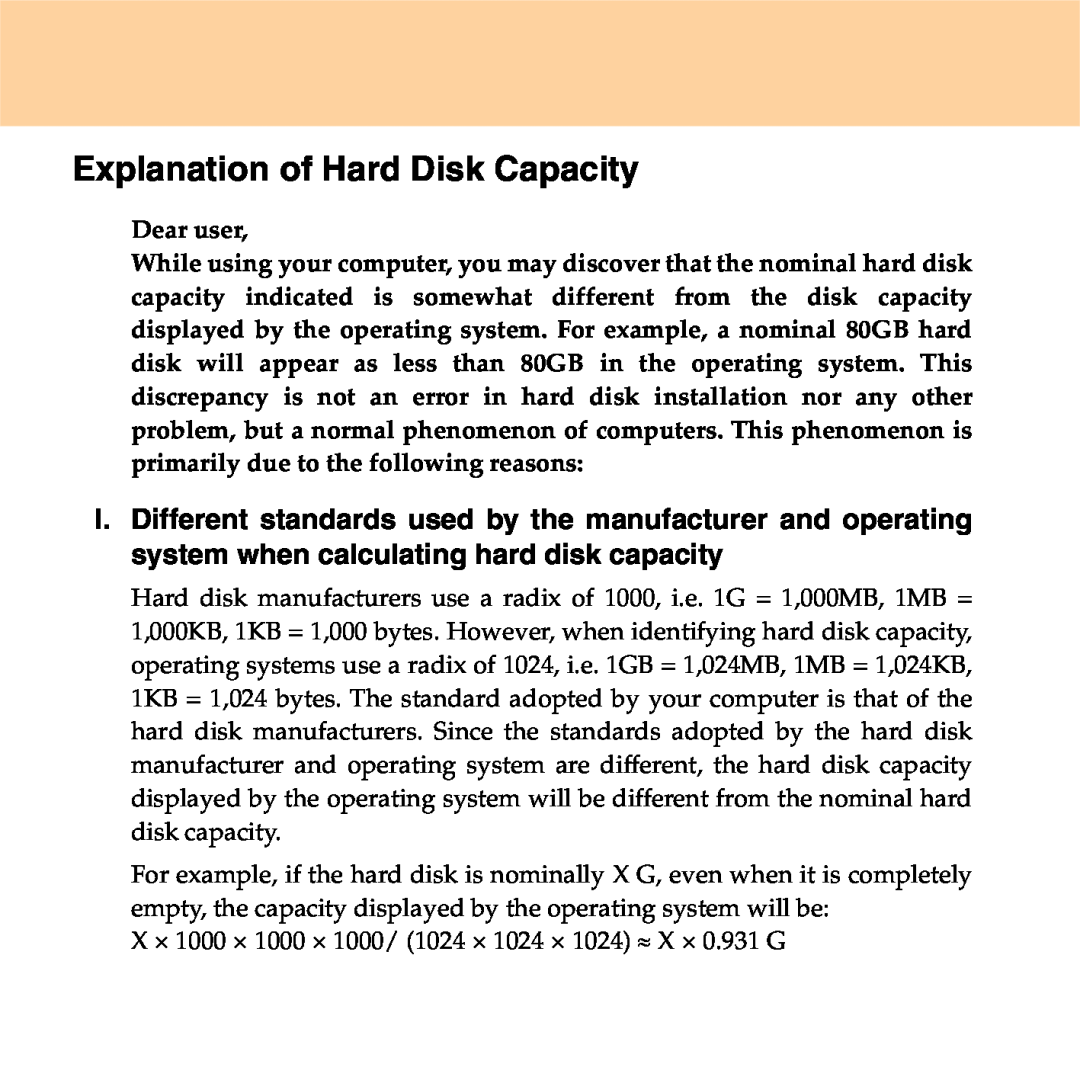 Lenovo S9 manual Explanation of Hard Disk Capacity 