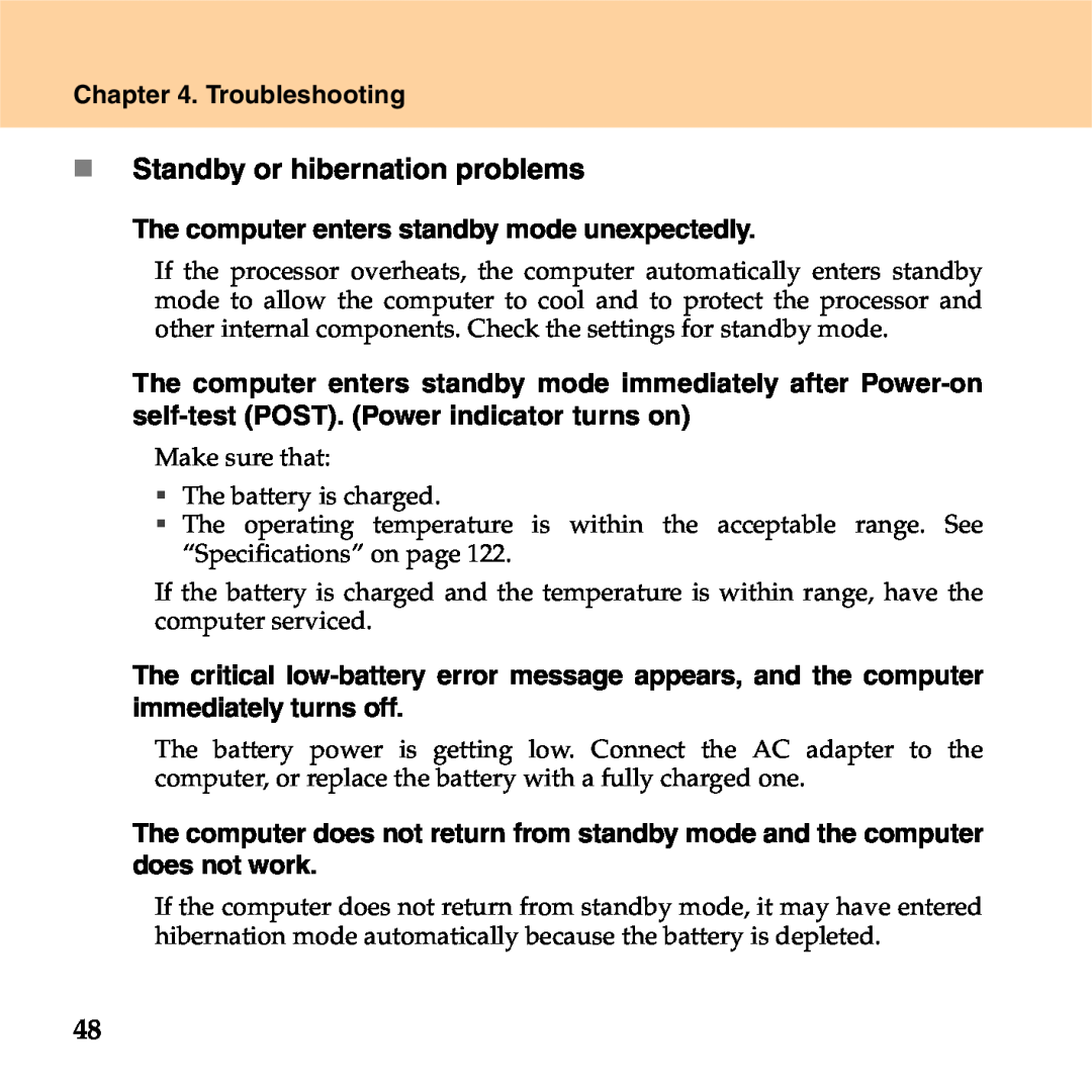 Lenovo S9 manual „ Standby or hibernation problems, Troubleshooting, The computer enters standby mode unexpectedly 