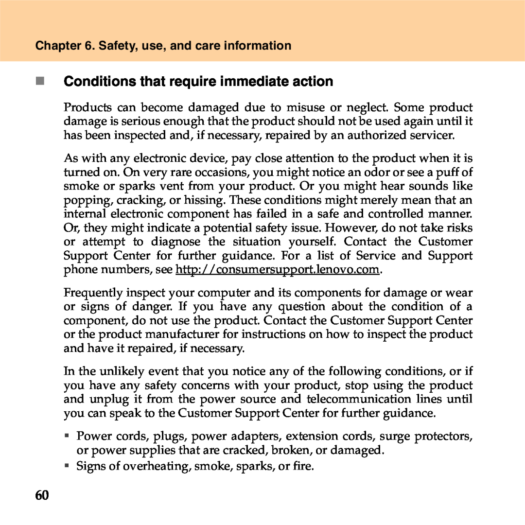 Lenovo S9 manual „ Conditions that require immediate action, Safety, use, and care information 