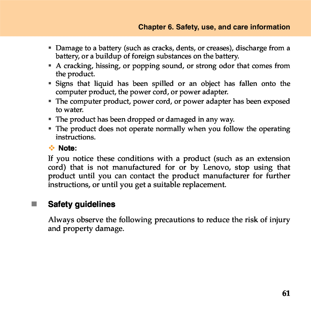 Lenovo S9 manual „ Safety guidelines, Safety, use, and care information 
