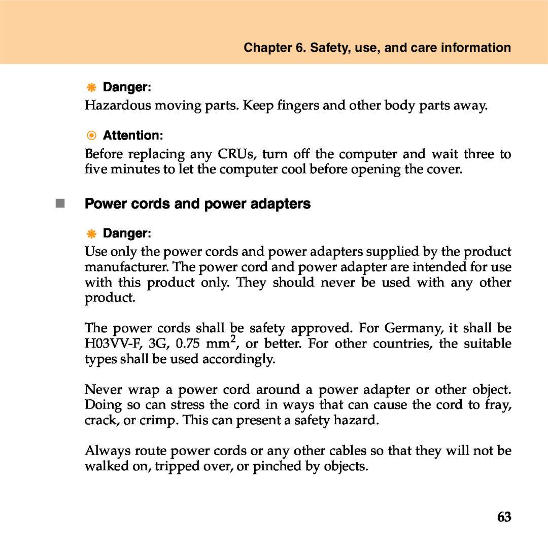 Lenovo S9 manual „ Power cords and power adapters, Safety, use, and care information, Danger 