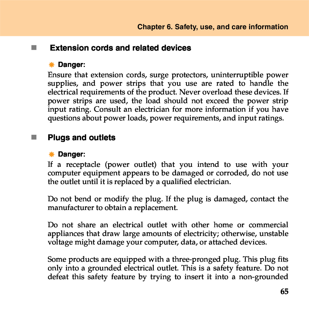 Lenovo S9 manual „ Extension cords and related devices, „ Plugs and outlets, Safety, use, and care information, Danger 