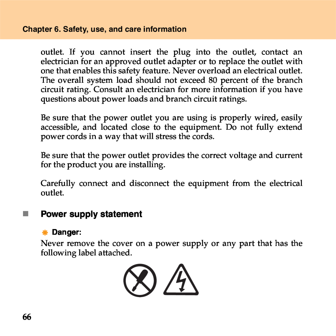 Lenovo S9 manual „ Power supply statement, Safety, use, and care information, Danger 