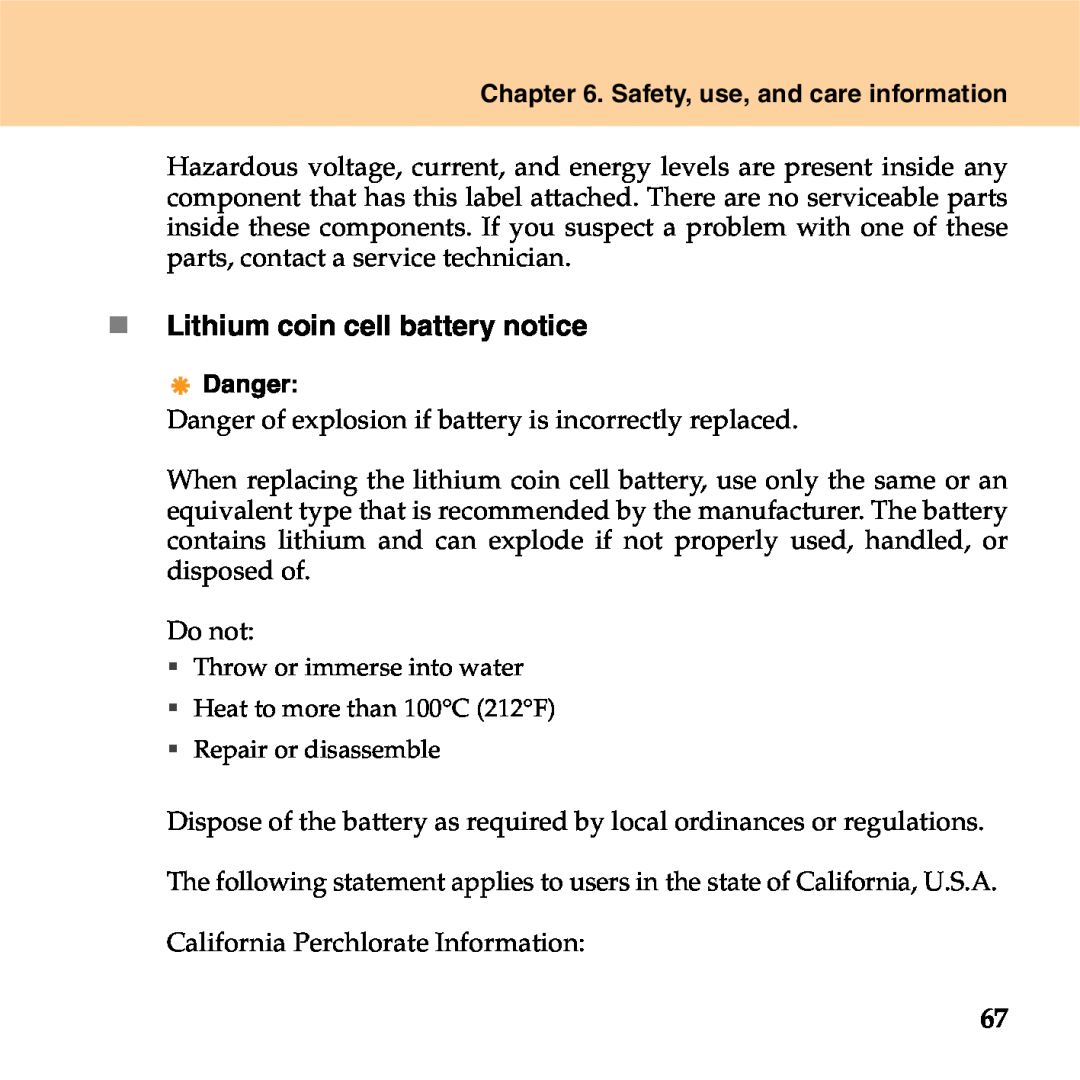 Lenovo S9 manual „ Lithium coin cell battery notice, Safety, use, and care information, Danger 