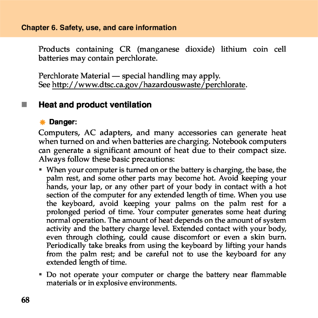 Lenovo S9 manual „ Heat and product ventilation, Safety, use, and care information, Danger 