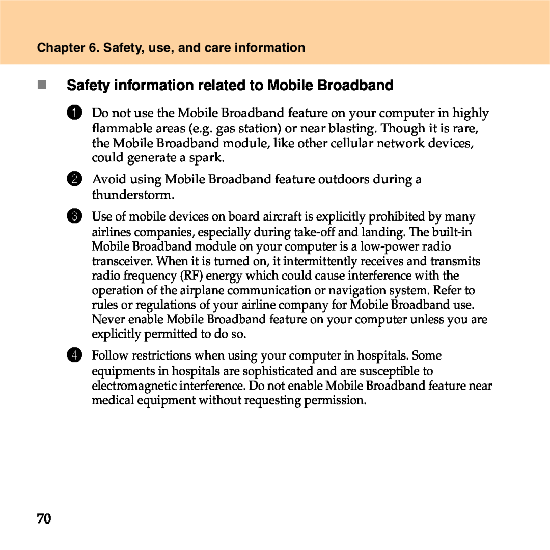Lenovo S9 manual „ Safety information related to Mobile Broadband, Safety, use, and care information 