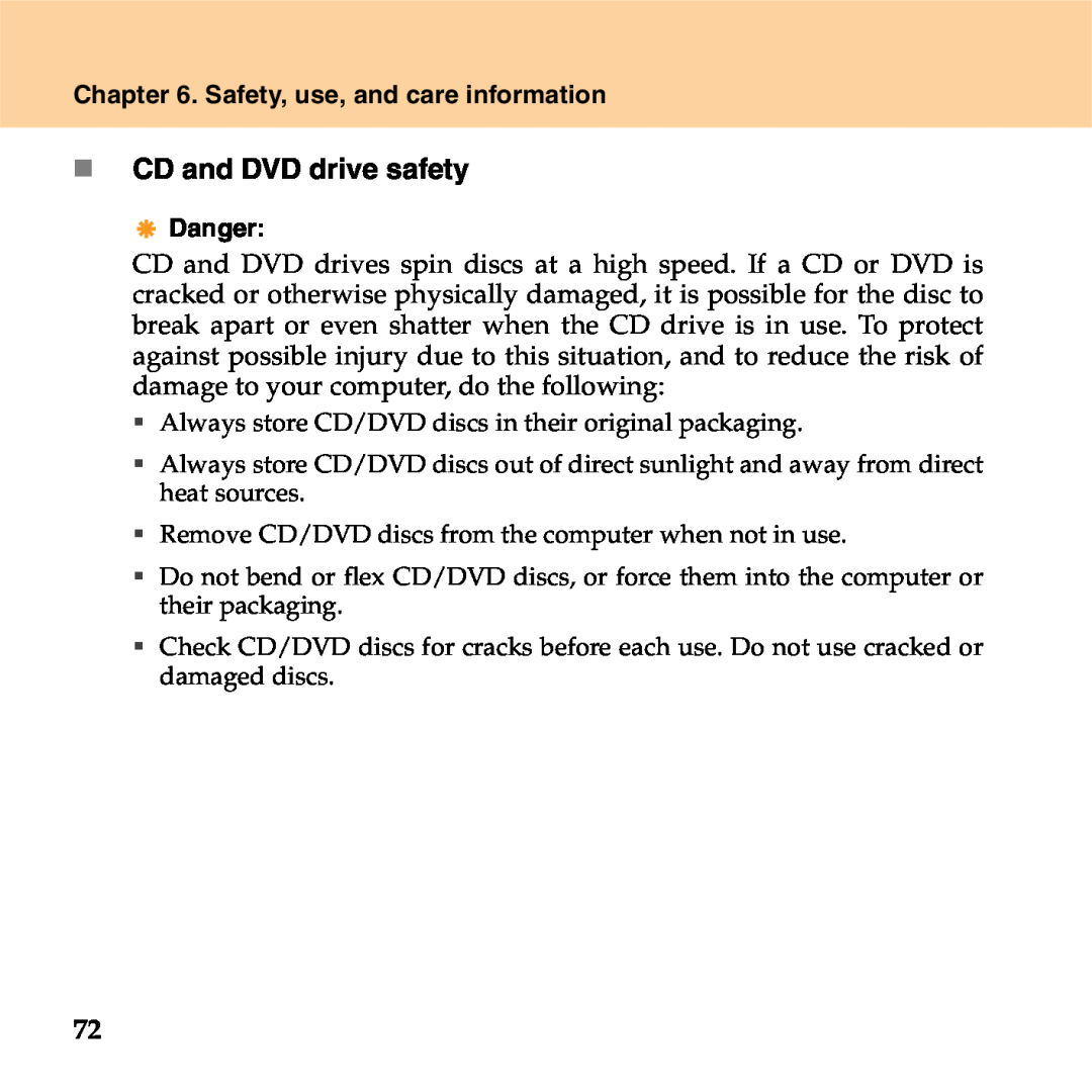 Lenovo S9 manual „ CD and DVD drive safety, Safety, use, and care information, Danger 